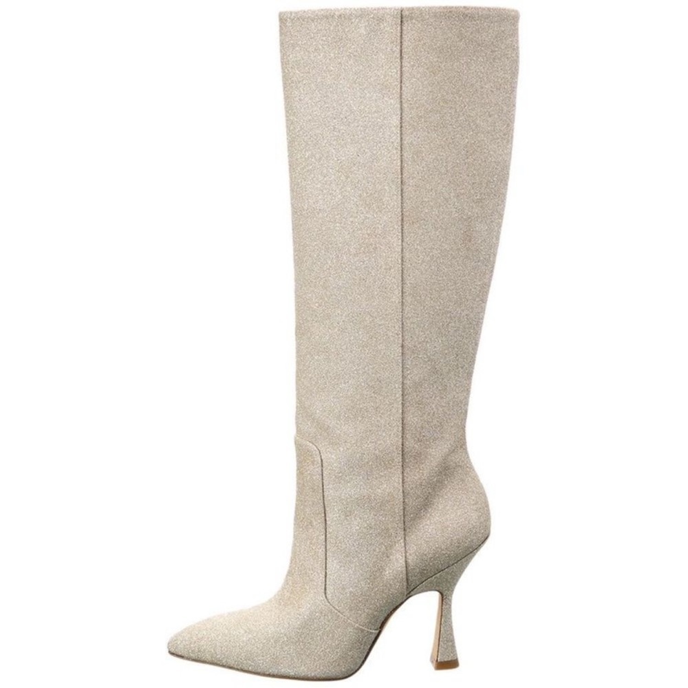 Stuart Weitzman Parton Glitter Knee-High Boots in Platino $775 Sz 8.5 AS-IS